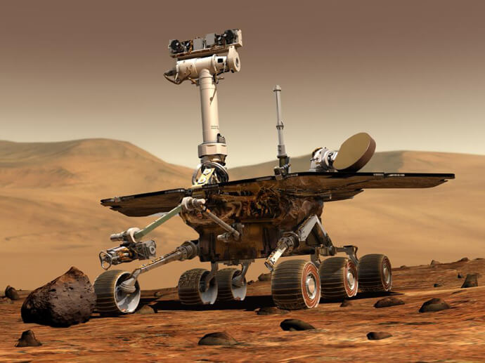 Hugmynd listamanns sýnir Mars Exploration Rover frá NASA á yfirborði Mars. Myndinneign: NASA/JPL/Cornell University