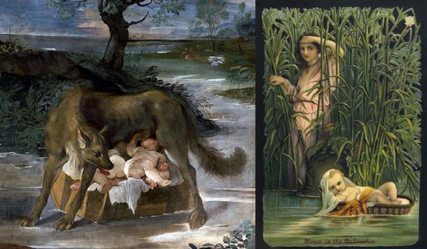 Vlčica dojčiace Romulus a Remus; Mojžiš v Sitine